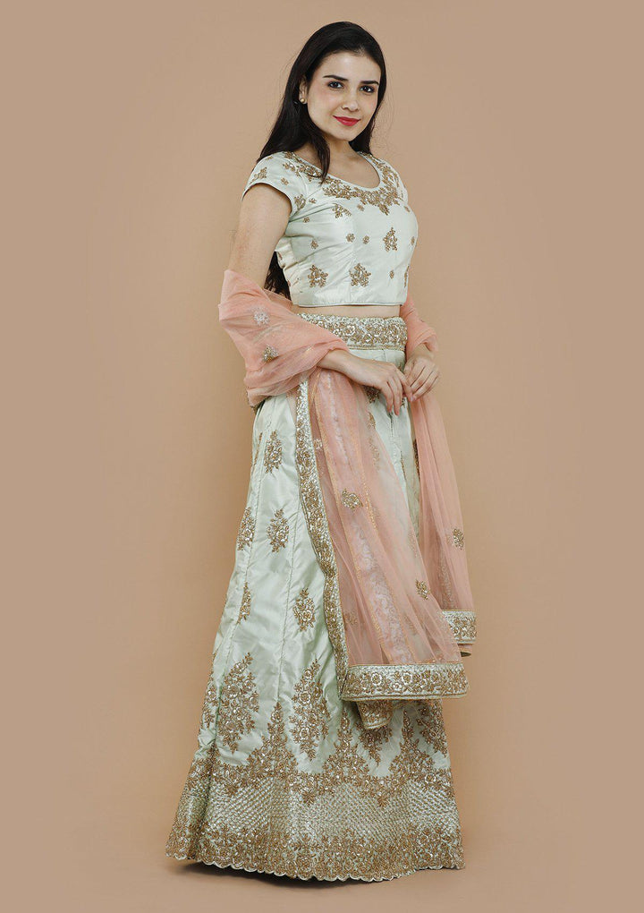 Mint Green Zari Work Silk Designer Lehenga-Koskii