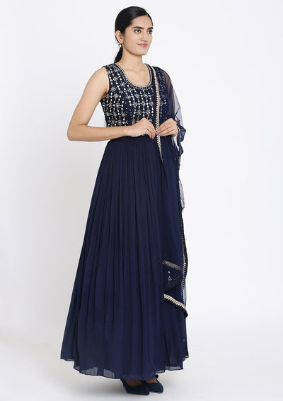 Navy Blue Mirrorwork Georgette Designer Gown - koskii