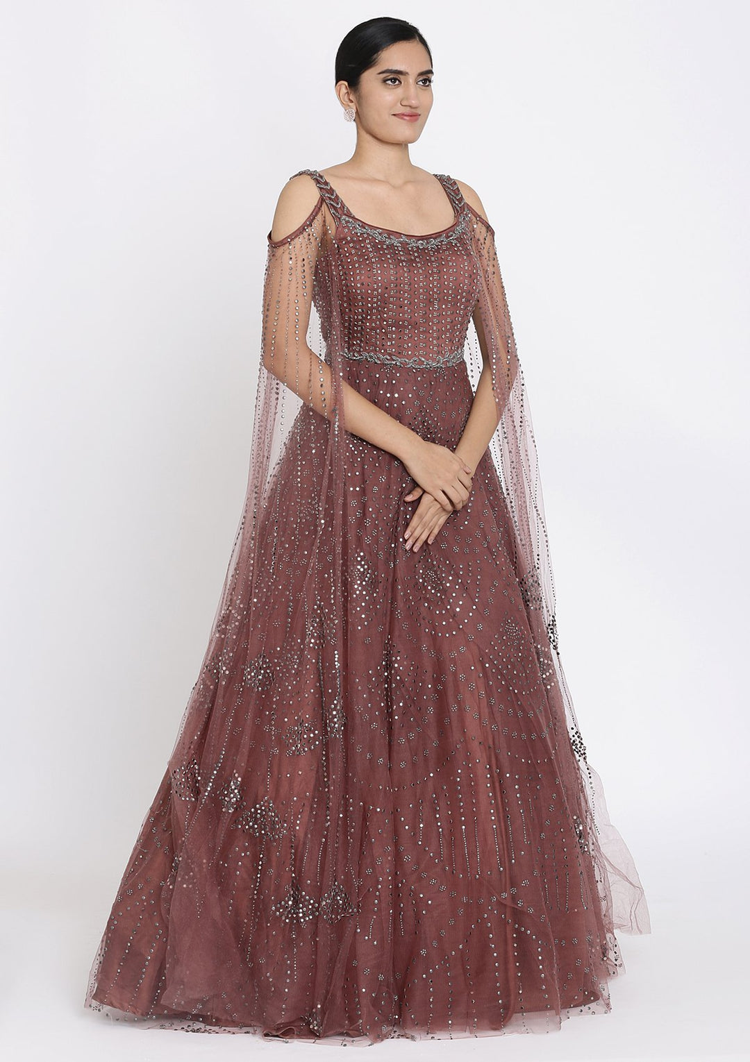 Mauve Stone Work Net Designer Gown - koskii