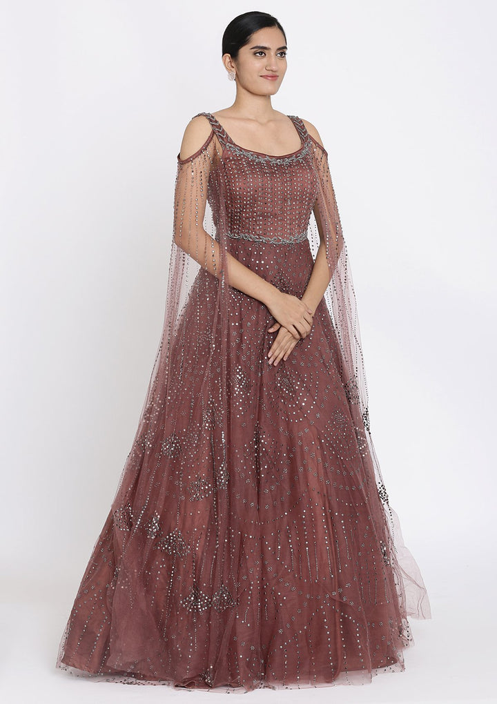 Mauve Stone Work Net Designer Gown - koskii
