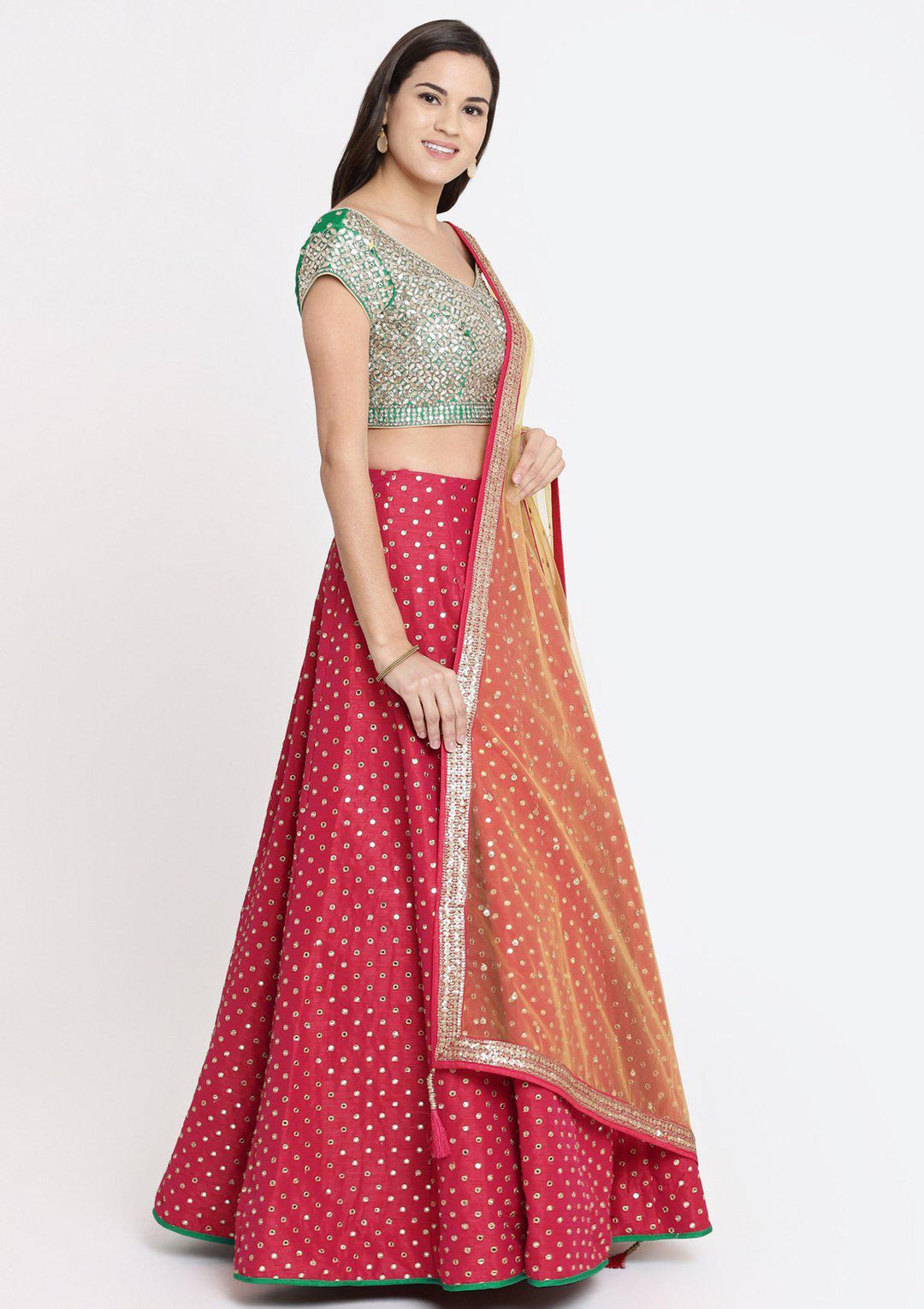 Fuschia and Green Gotapatti Raw Silk Designer Lehenga-Koskii