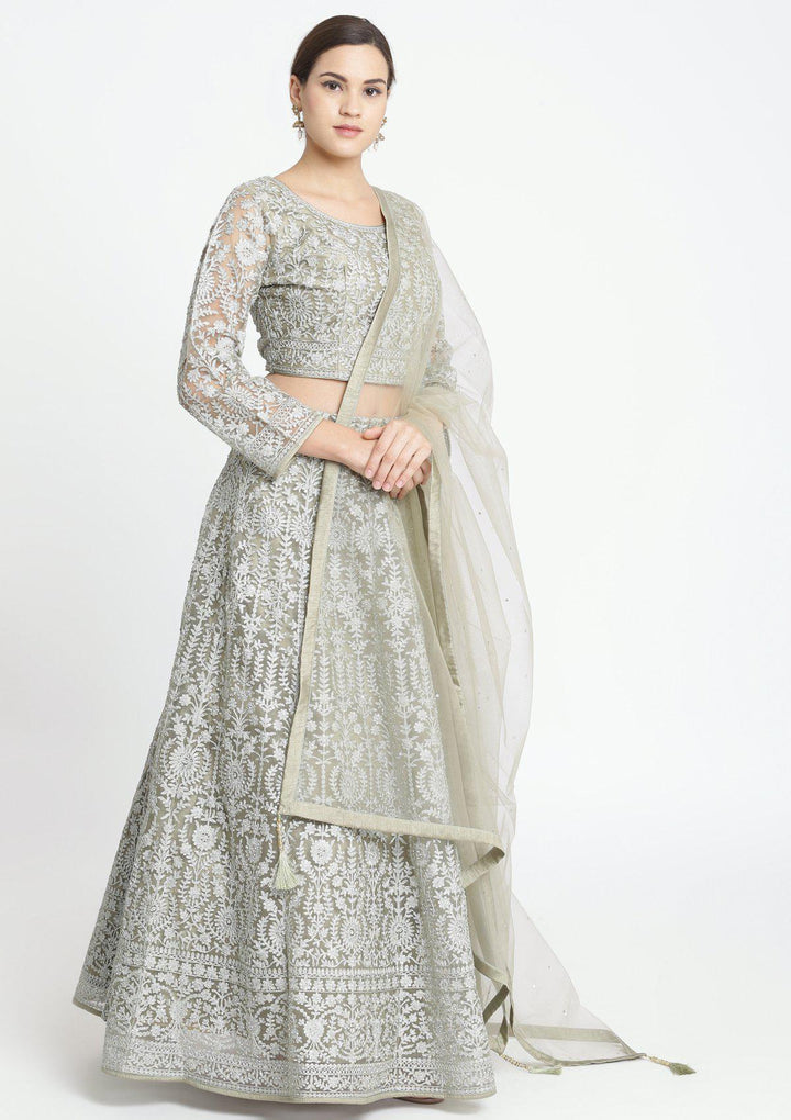 Light Olive Green Zariwork Net Designer Lehenga-Koskii
