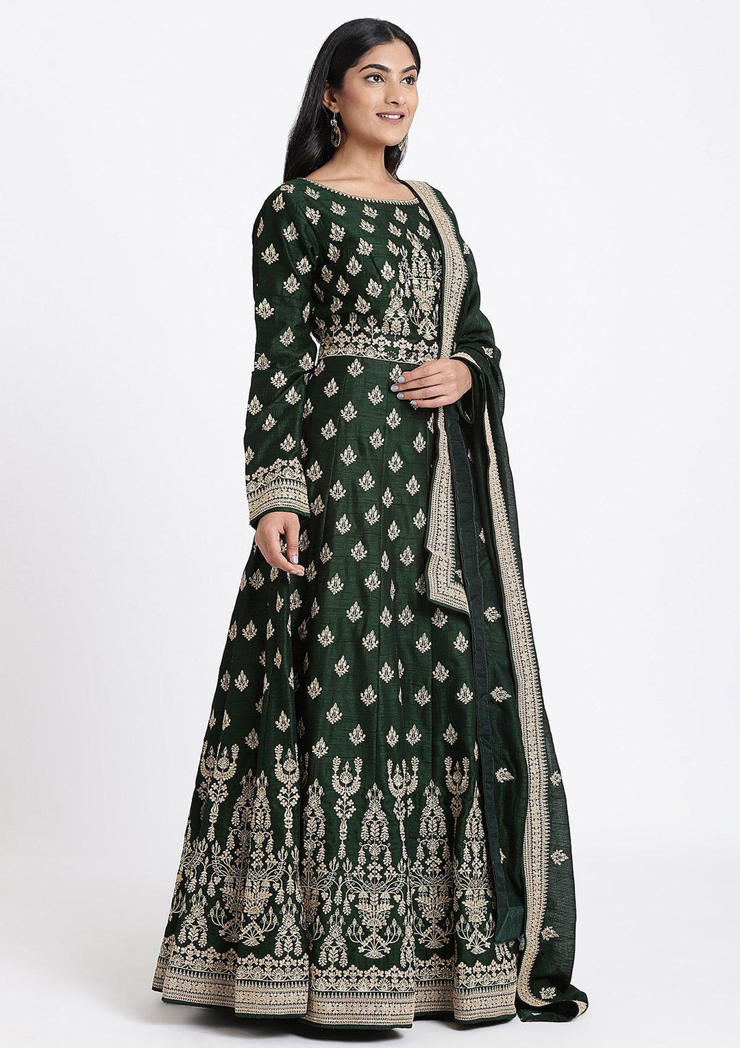 Bottle Green Zariwork Raw Silk Designer Gown-Koskii