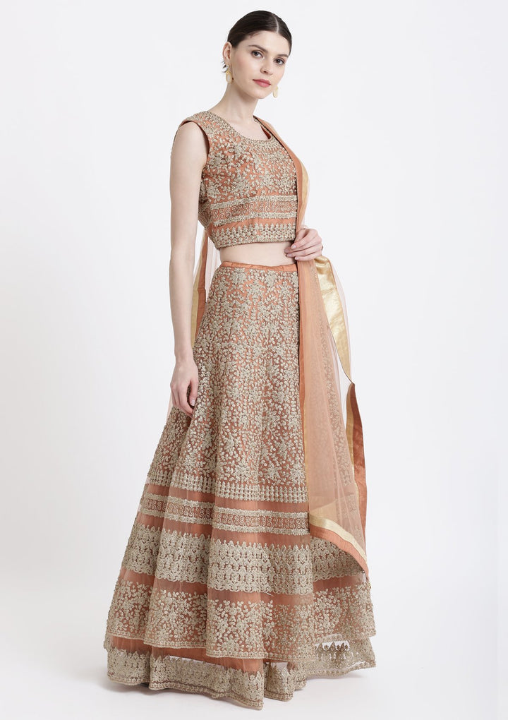 Peach Zariwork Net Designer Lehenga-Koskii