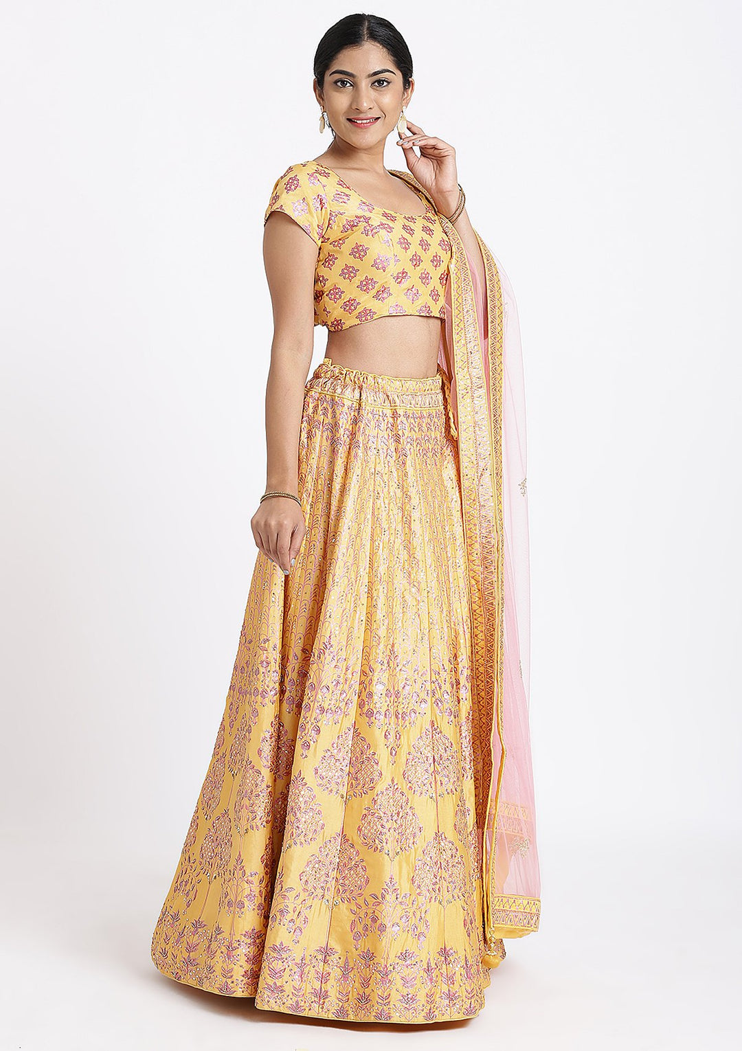 Yellow Sequinned Raw Silk Designer Lehenga-Koskii