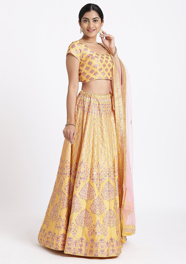 Yellow Sequinned Raw Silk Designer Lehenga-Koskii