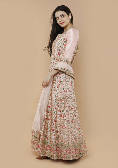 Pastel Pink Silk Floral Designer Gown-Koskii