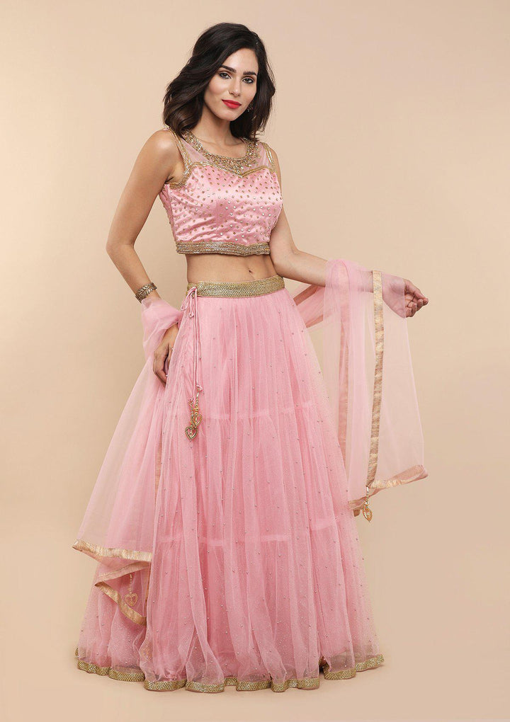 Pink Pearlwork Net Designer Lehenga-Koskii