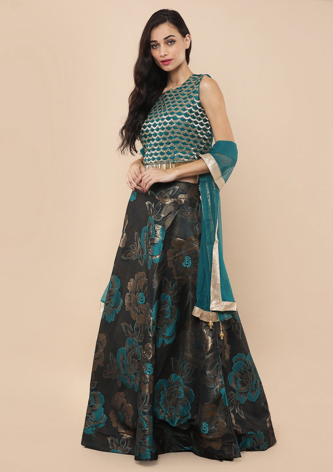 Koskii Ocean Green Brocade Lehenga-Koskii