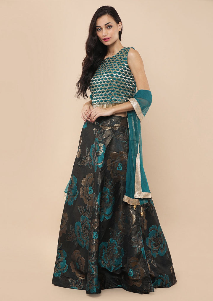 Koskii Ocean Green Brocade Lehenga-Koskii
