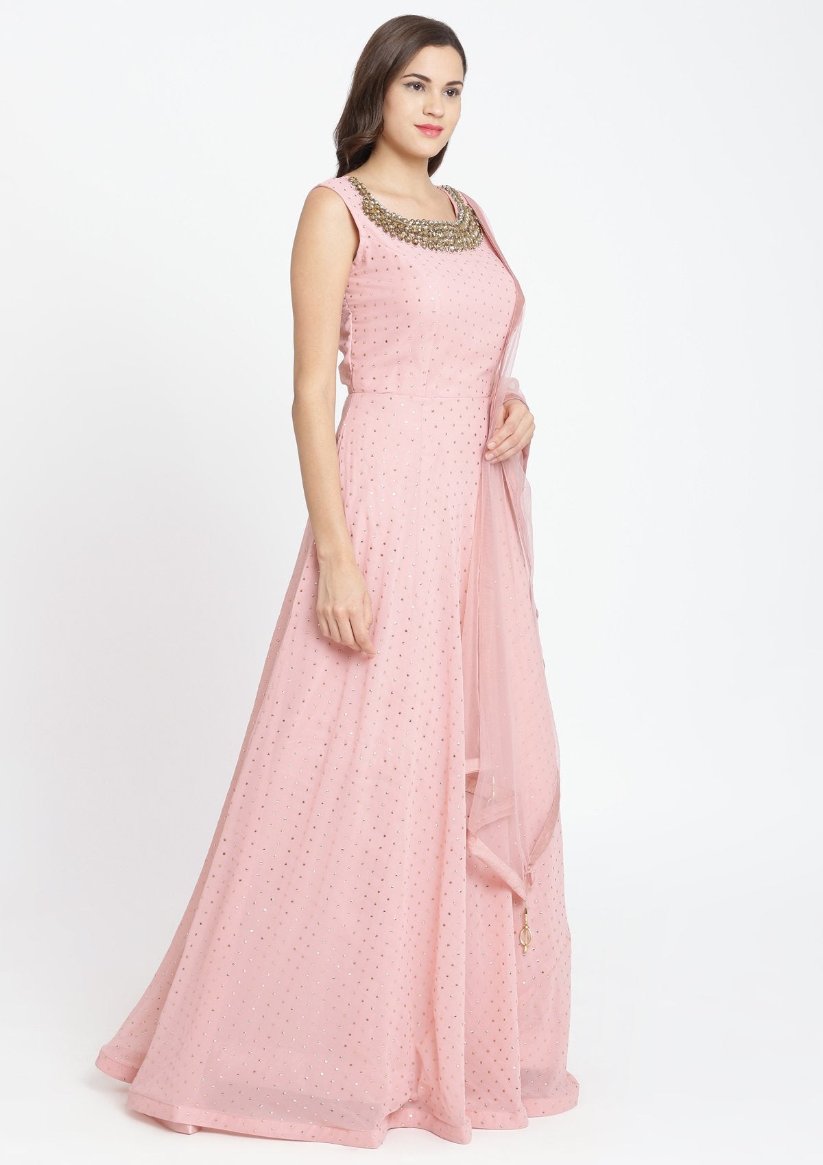 Light Pink Badla-work Georgette Designer Gown-Koskii