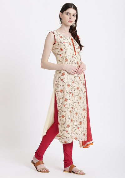 Cream Threadwork Chanderi Designer Salwar Suit-Koskii
