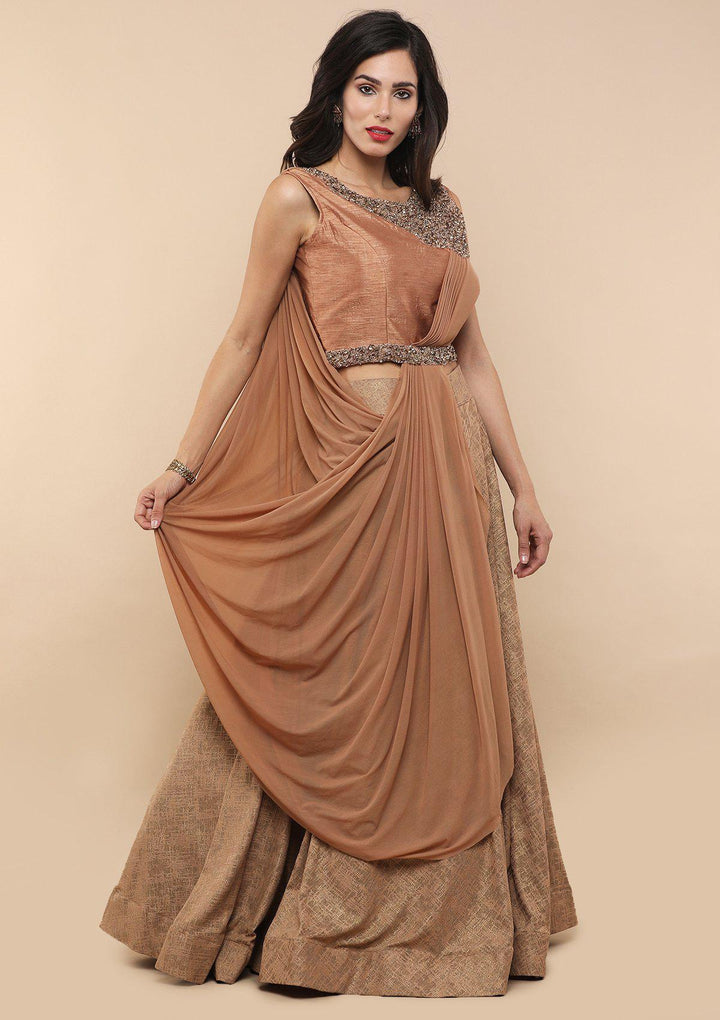 Chestnut Brown Raw Silk Drape Designer Lehenga-Koskii