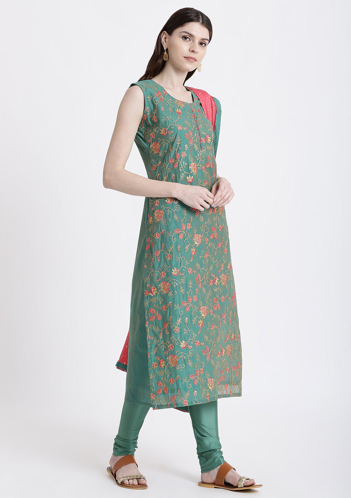 Leaf Green Zariwork Chanderi Designer Salwar Suit-Koskii