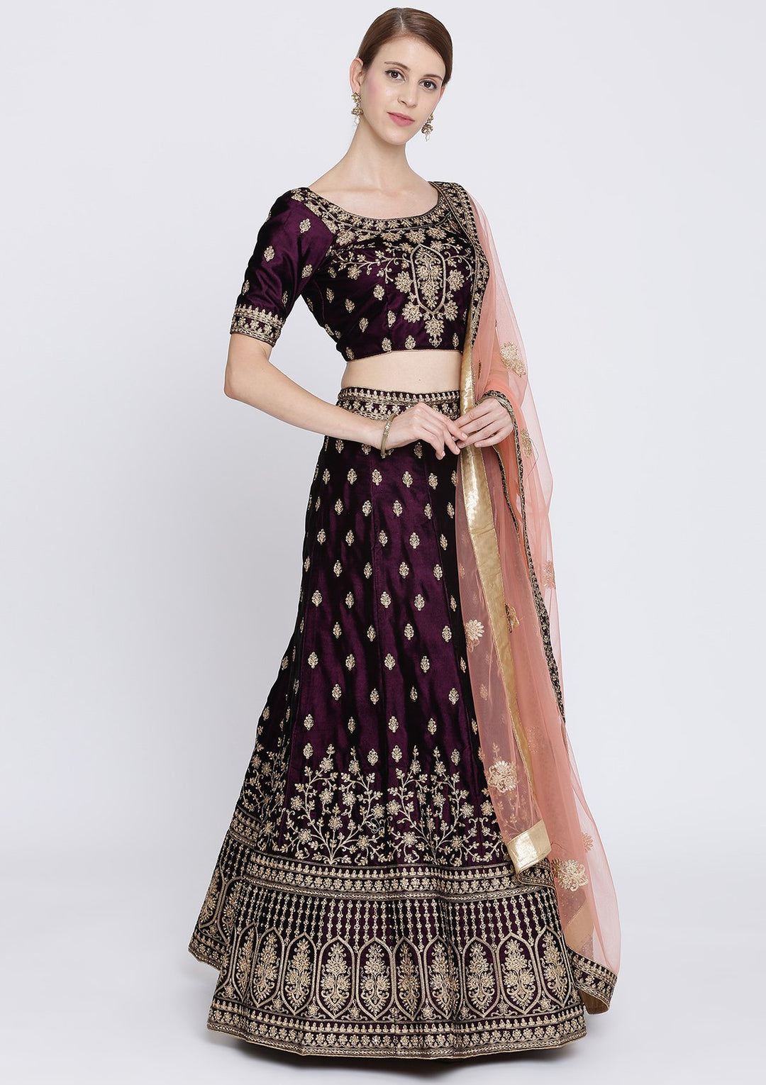 Wine Zariwork Velvet Designer Lehenga-Koskii