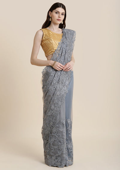 Light Grey Stonework Net Designer Saree-Koskii