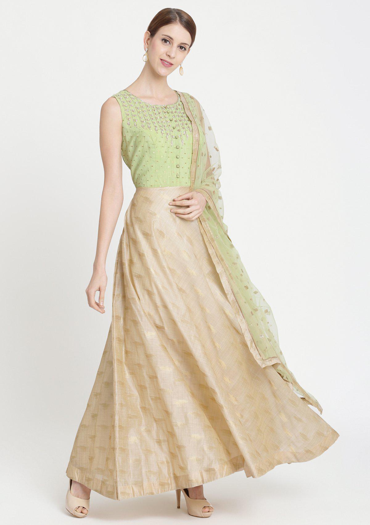 Pista Green Cutdana Raw Silk Designer Gown-Koskii