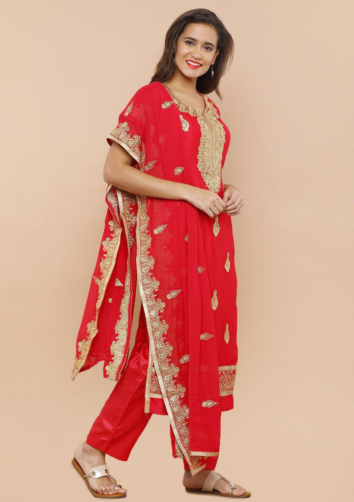 Red Chanderi Silk Designer Salwar Suit-Koskii