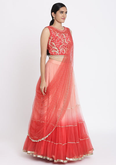 Red And Pink Threadwork Net Designer Lehenga - koskii