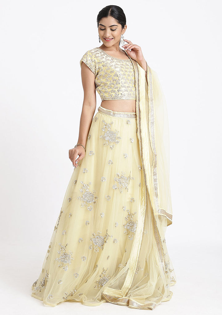 Lemon Yellow Gota Patti Net Designer Lehenga-Koskii