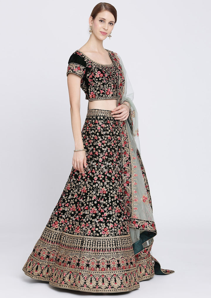 Bottle Green Stonework Velvet Designer Lehenga-Koskii