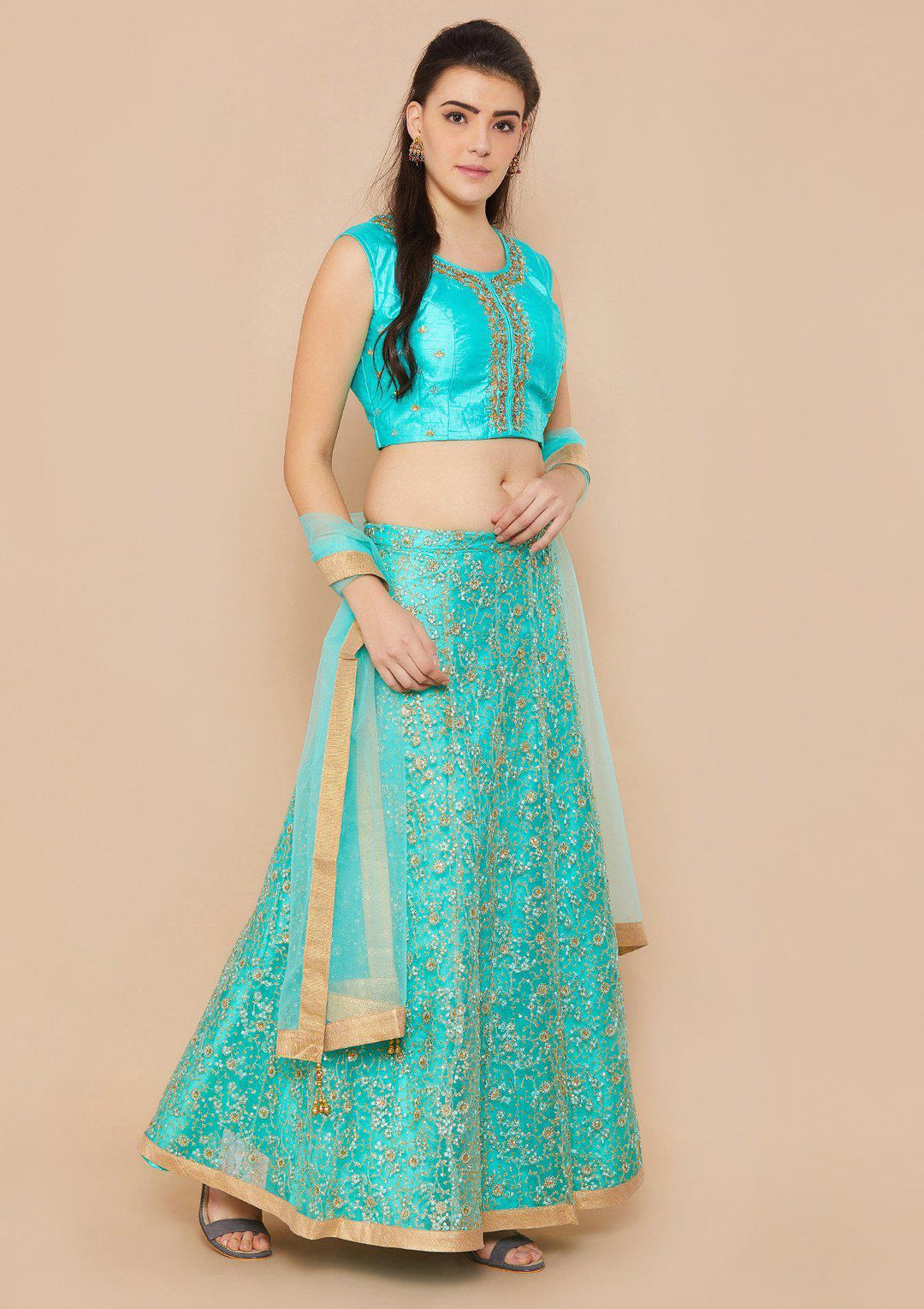 Cyan Sequinned Net Designer Lehenga-Koskii