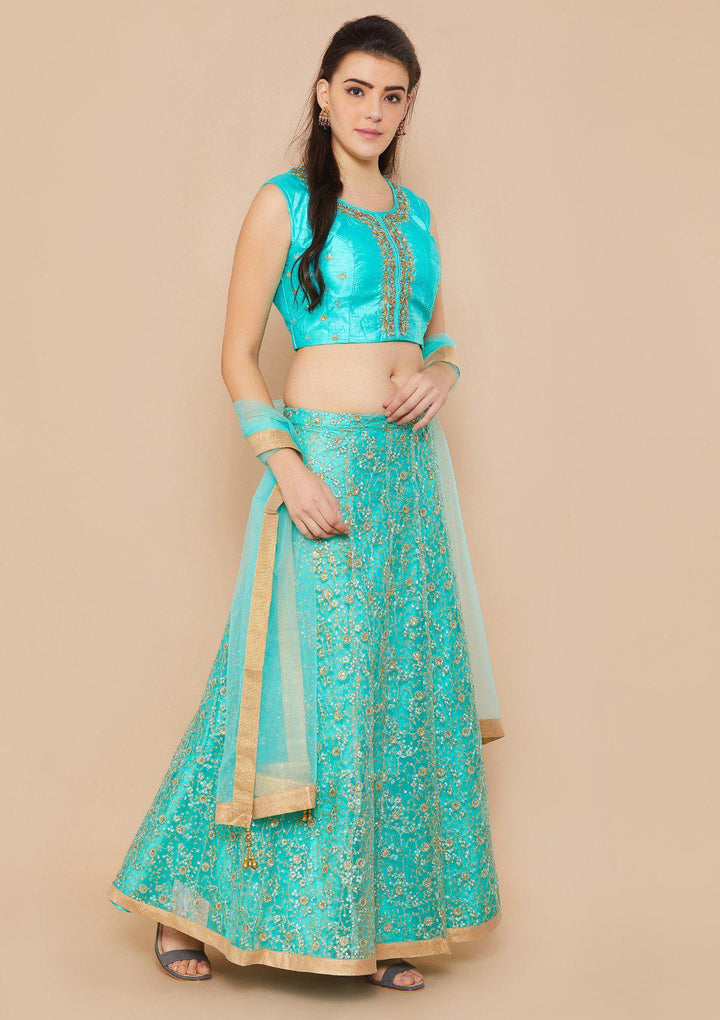 Cyan Sequinned Net Designer Lehenga-Koskii