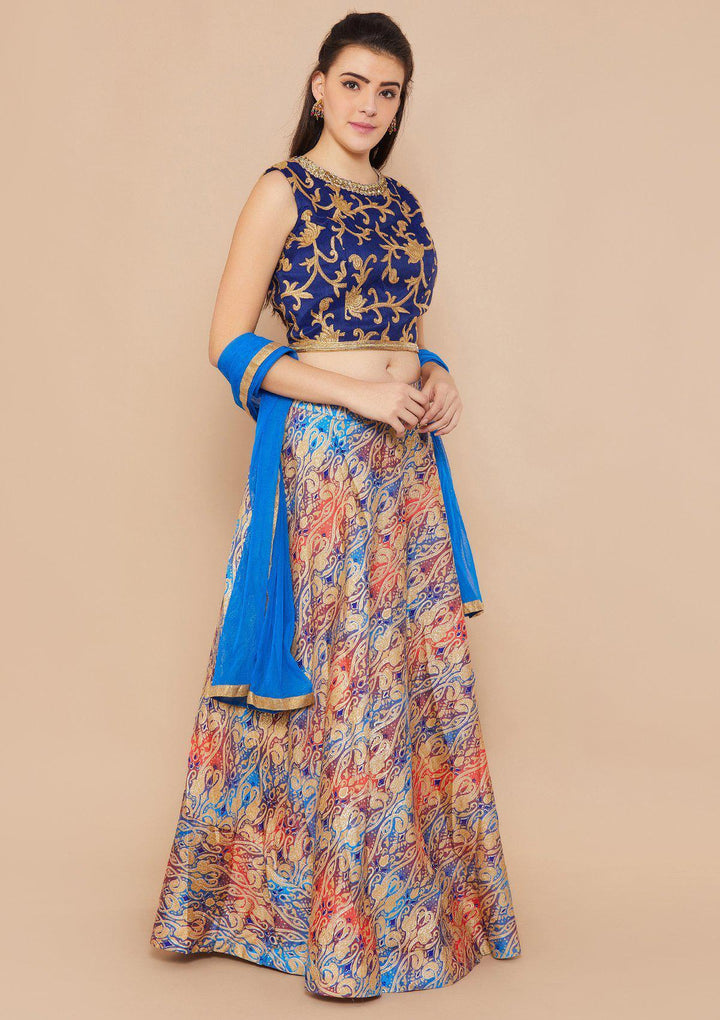 Blue and Gold Brocade Designer Lehenga-Koskii