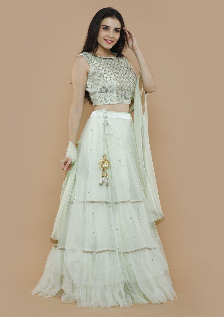 Mint Green Chequered Pearl Designer Lehenga-Koskii