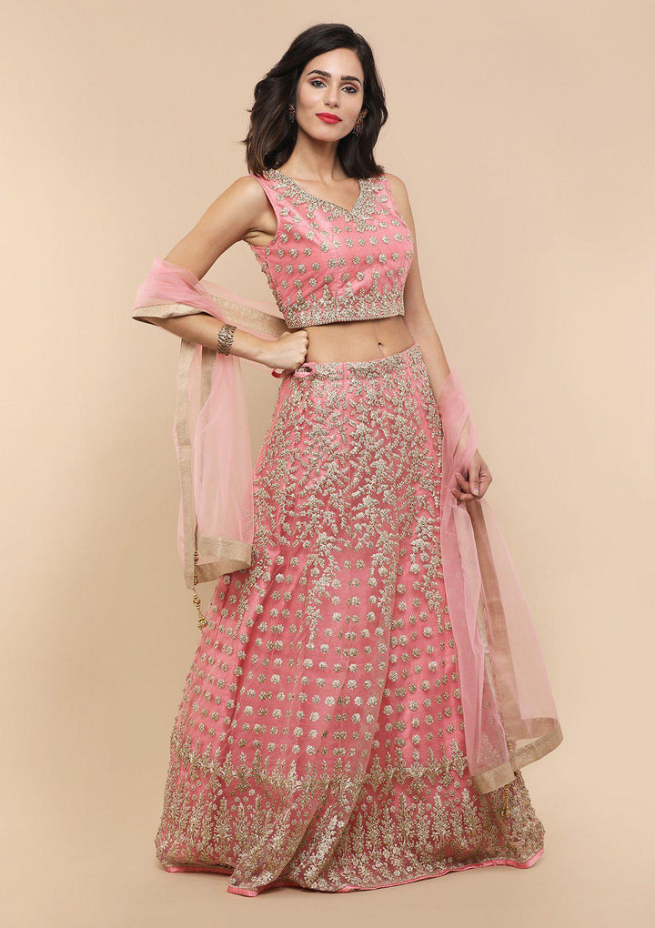 Pink Thread Work Net Designer Lehenga-Koskii