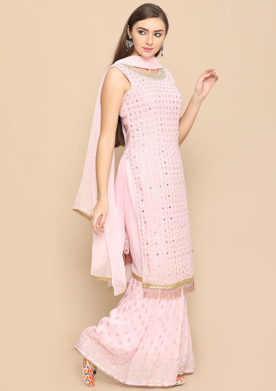 Baby Pink Mirror Work Designer Salwar Suit-Koskii