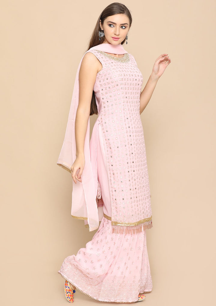 Baby Pink Mirror Work Designer Salwar Suit-Koskii
