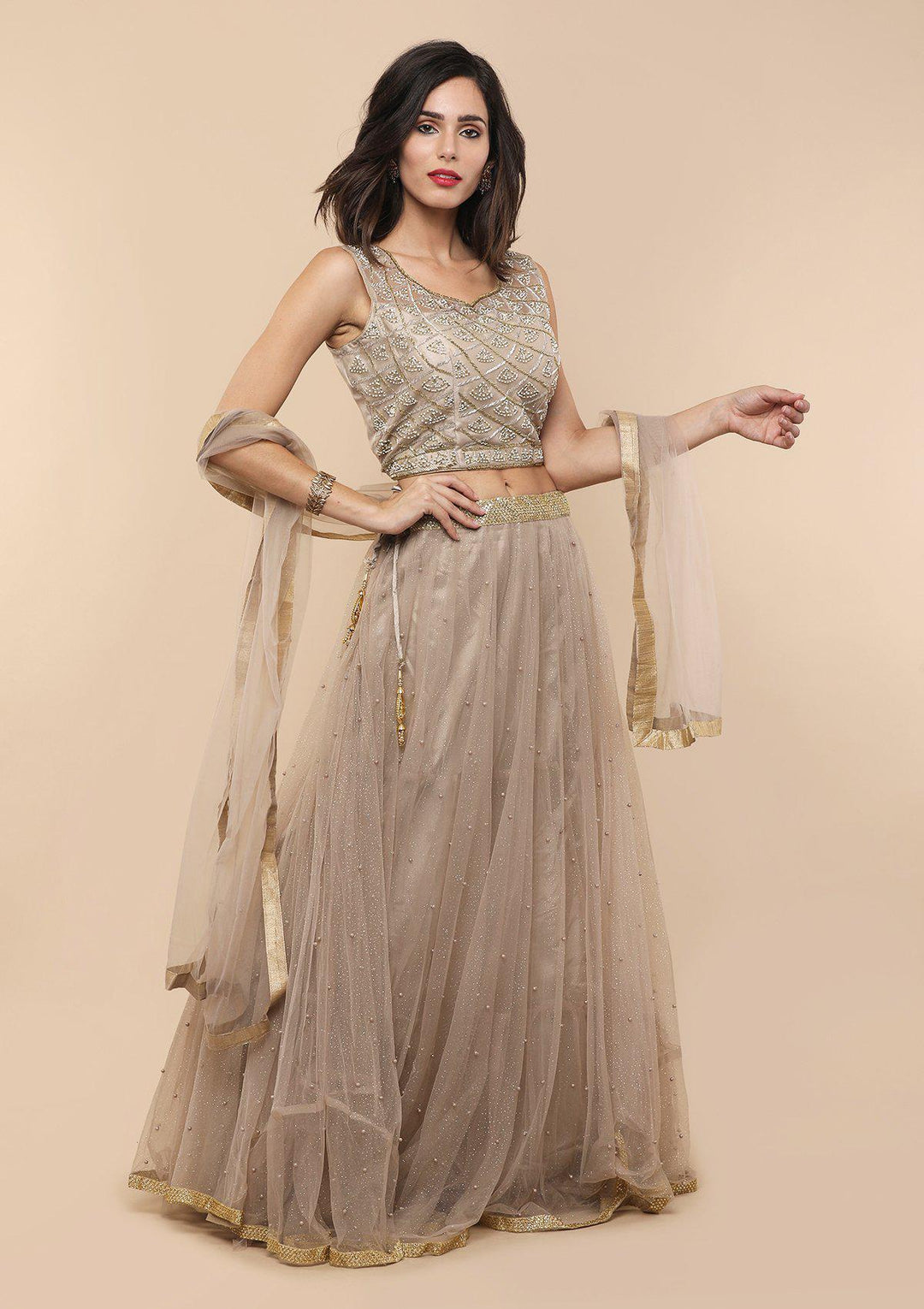 KOSKII BEIGE CUTDANA AND PEARL LEHENGA-Koskii