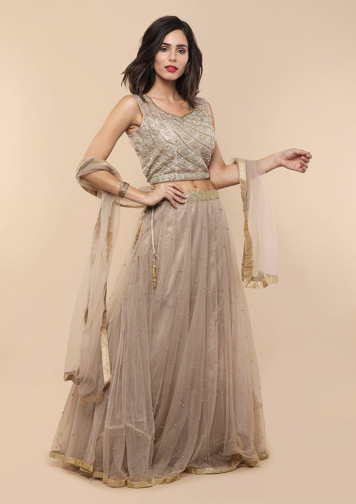 KOSKII BEIGE CUTDANA AND PEARL LEHENGA-Koskii