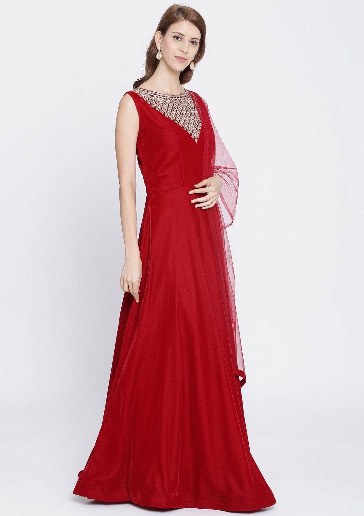 Red Zardosi Velvet Designer Gown-Koskii