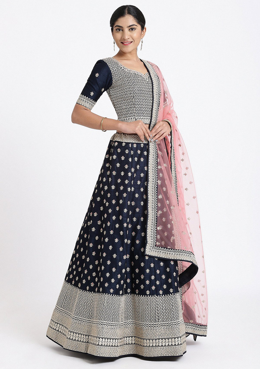 Navy Blue Zariwork Raw Silk Designer Lehenga-Koskii