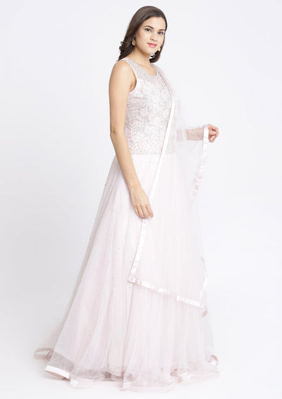 Baby Pink Silver Stonework Net Designer Gown-Koskii