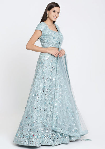 Sea Green Mirror Work Net Designer Lehenga-Koskii