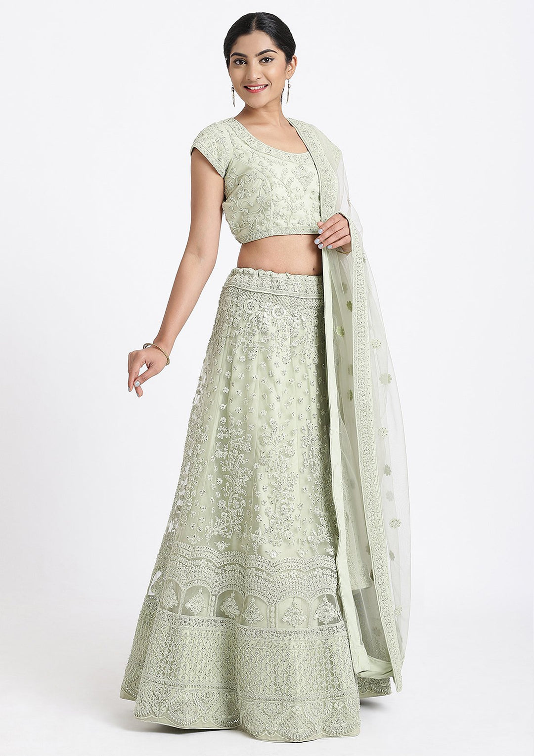 Pista Green Threadwork Net Designer Lehenga-Koskii