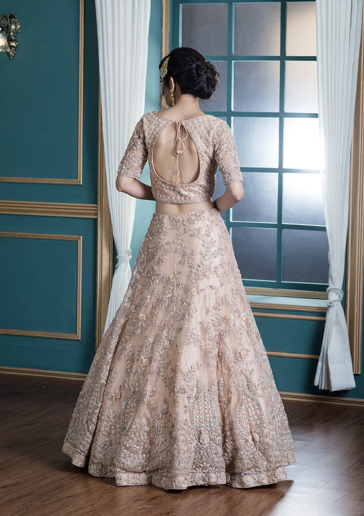 Peach Pink Embellished Net Designer Lehenga-Koskii