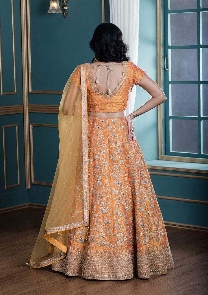 Mustard Yellow Stone Work Silk Designer Lehenga-Koskii