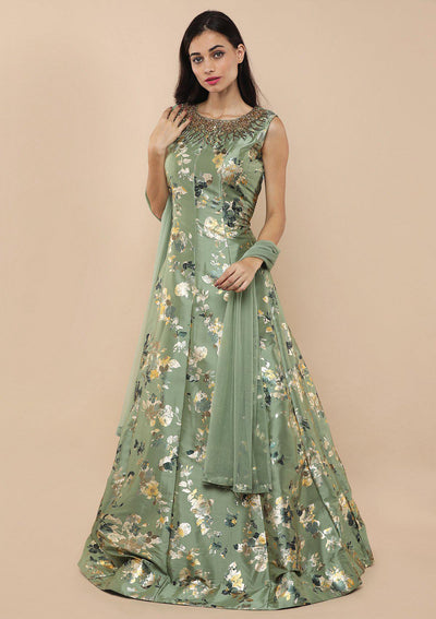 Pastel Green Bead Work Printed Designer Gown-Koskii