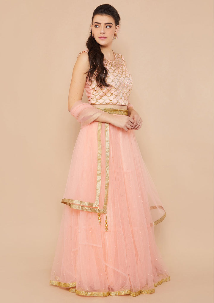 Coral Pink Cutdana Raw-Silk Lehenga-Koskii