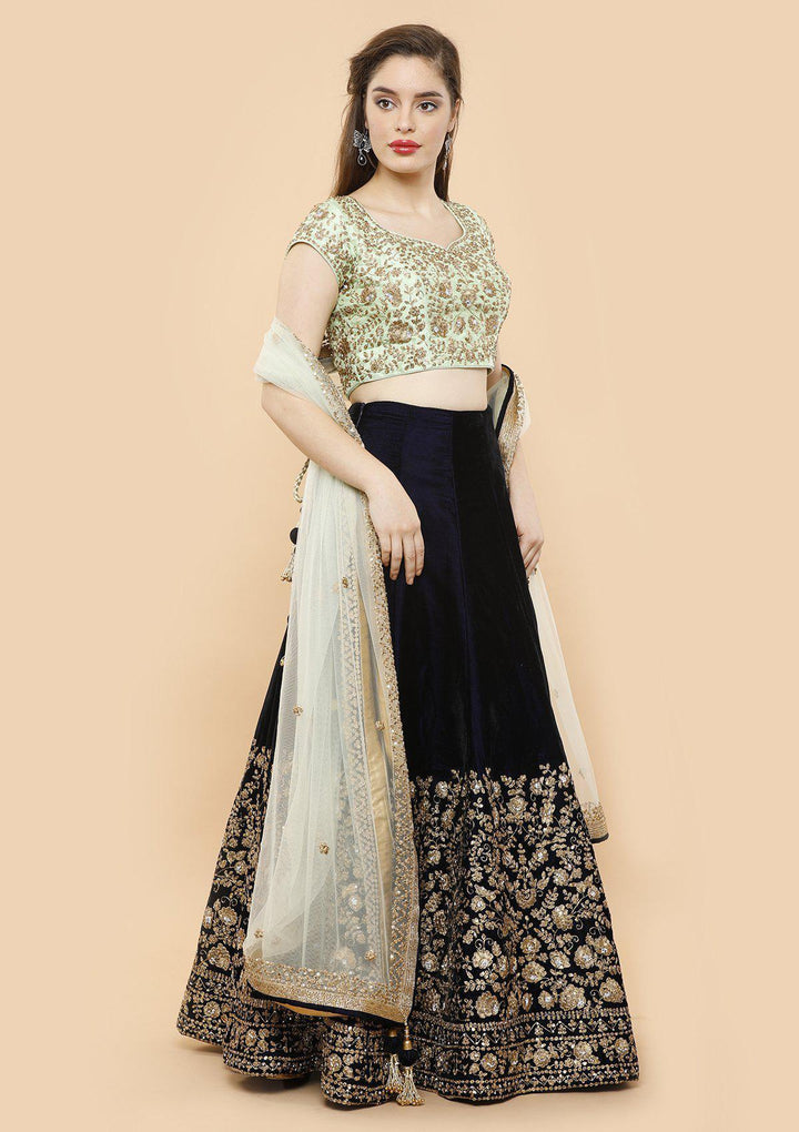 KOSKII VELVET green and midnight blue bridal lehenga-Koskii