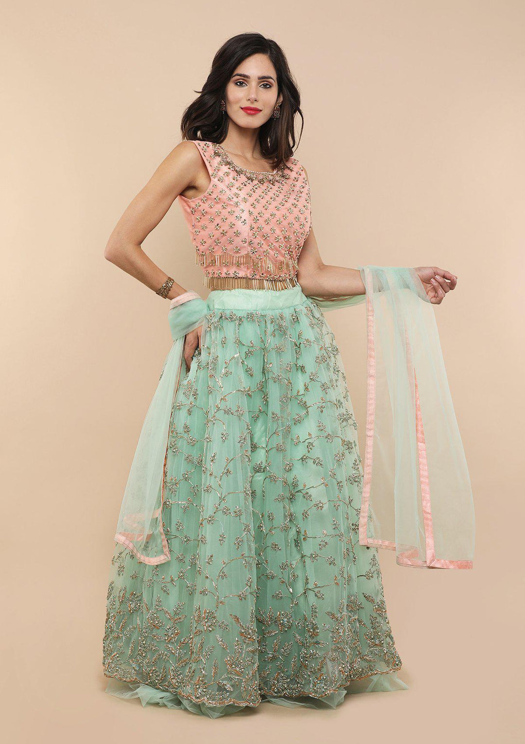 Pink and Pista Green Net Designer Lehenga-Koskii