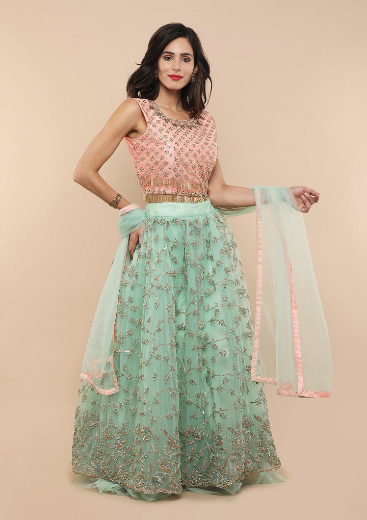 Pink and Pista Green Net Designer Lehenga-Koskii