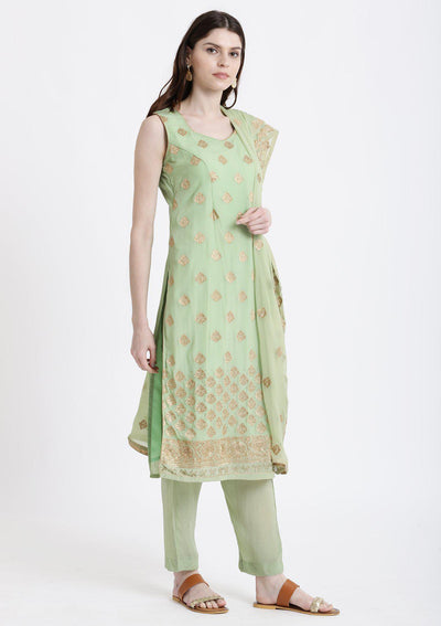Pista Green Zariwork Semi Crepe Designer Salwar Suit-Koskii