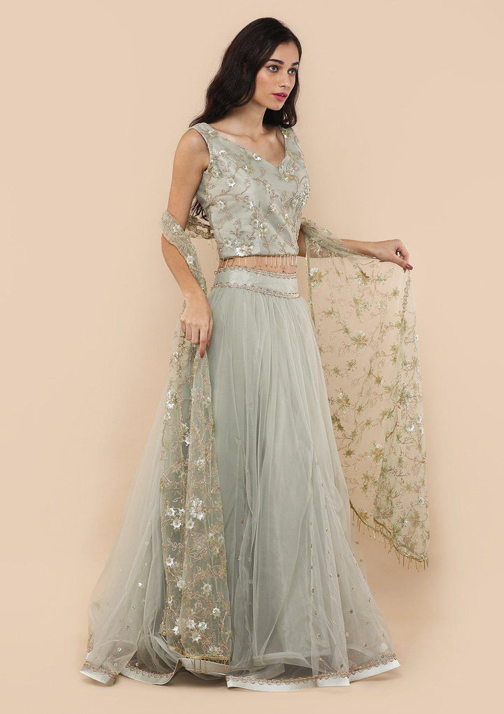 Pista Green Cutdana Work Net Designer Lehenga-Koskii