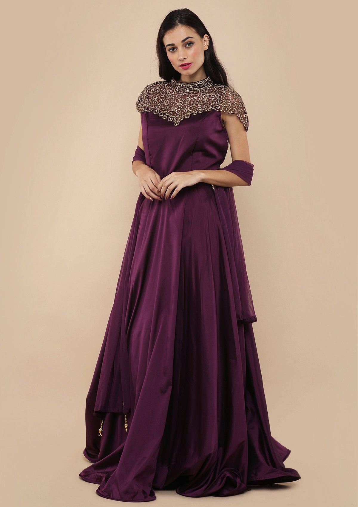 Dark Purple Bead Work Tafetta Designer Gown-Koskii