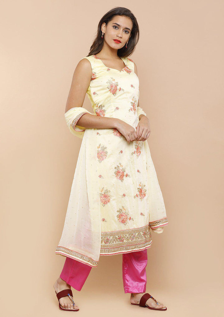 Yellow and Pink Floral Designer Salwar Suit-Koskii